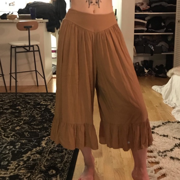 None Pants - Brown culottes with fringe bottom and button sides
